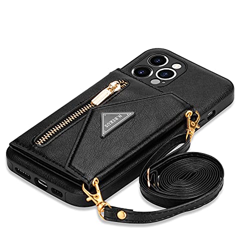 GUVAGI Handyhülle für iPhone 13 Pro Max Hülle Case mit Band, Leder Cover Klapphülle Reißverschluss Stoßfest Schutzhülle Magnet Aesthetic Mädchen Handy Hülle mit Kette Umhängen (Schwarz) von GUVAGI