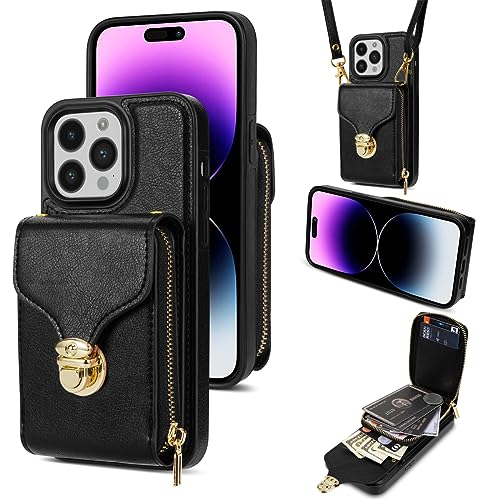 GUVAGI Handyhülle für iPhone 15 Hülle mit Band Case Handykette, Leder Flip Klappbar Klapphülle Reißverschluss Stoßfest Schutzhülle Aesthetic Handy Hülle mit Kette Umhängen (Schwarz) von GUVAGI