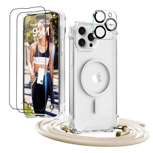 GUtttGU Handykette für iPhone 15 Pro Max Hülle mit Band mit 2 Displaychutzfolie Panzerglas + 2 Kamera Schutzfolie Handyhülle Kompatibel mit Magsafe Schutzhülle Case für iPhone 15 Pro Max Transparent von GUtttGU