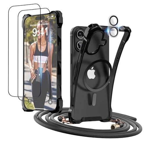 GUtttGU Handykette für iPhone 16 Hülle mit Band mit 2 Displaychutzfolie Panzerglas + 2 Kamera Schutzfolie Transparent Handyhülle Kompatibel mit Magsafe Schutzhülle Case für iPhone 16 Schwarz von GUtttGU