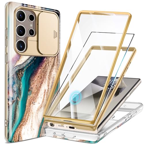 GVIEWIN Kompatibel mit Samsung Galaxy S24 Ultra Hülle mit Schiebekamera Abdeckung+Displayschutzfolie, [2 Frontrahmen] 360° stoßfester Bumper Marmor Schutzhülle 6,8 Zoll, Drift Sand/Braun von GVIEWIN