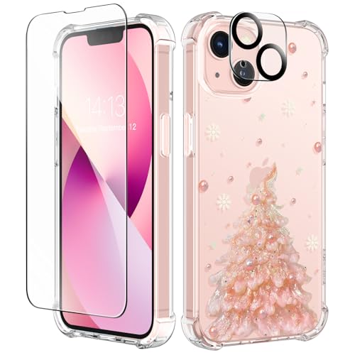 GVIEWIN Kompatibel mit iPhone 13 Hülle 6,1 Zoll 2021, mit Schutzglas + Kamera Schutzglas, klares Blumen Frauen Dünne Weiche TPU Stoßfeste Schutzhülle Cover Handyhülle,Pastellbaum/Rosa von GVIEWIN