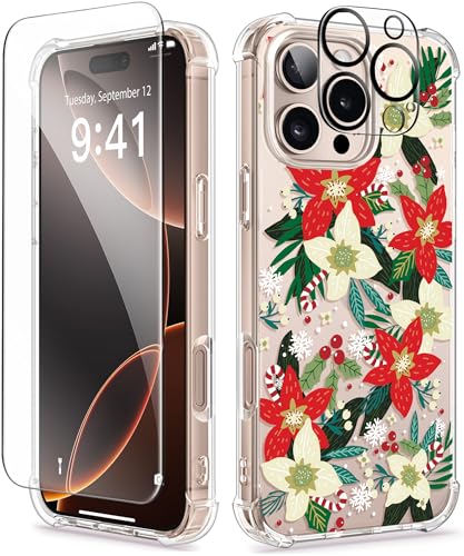 GVIEWIN Kompatibel mit iPhone 16 Pro Hülle 6,3" 2024,mit Schutzfolie+Kameraschutz,Stoßfest Fallschutz Kratzfest Klar Nie Vergilbung Blumen Dünn Handyhülle für Frauen, Weihnachtsstern/Grün von GVIEWIN