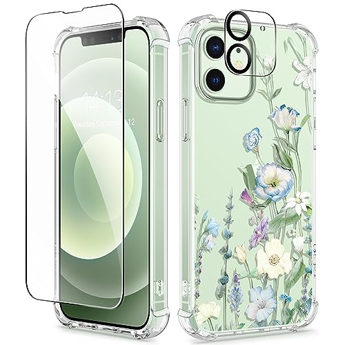 GVIEWIN kompatibel mit iPhone 12 Hülle/iPhone 12 Pro Hülle 6,1" 2020, mit Displayschutz Schutzfolie+Kamera Schutzfolie, Blume Klar TPU Dünne Stoßfest Kratzfestes Handyhülle Schutzhülle,Aquilegia/Weiß von GVIEWIN