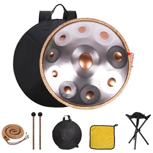 Handpan 440Hz D-Moll 10 Töne 22 Zoll, Stahl Handtrommel Gold Harmonic, Steel Handpan Drum Instrument Mit Tasche, Schlägeln & Ständer-Metallic||440 von GXQFF