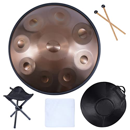 Handpan Drum 440Hz, 22 Zoll G Moll Steel Tongue Drum Gold Zungentrommel Hand Pan Instrument Professionelles Handpan-Instrumenten-Set Mit Tasche & Stativ-braun||9Tones von GXQFF