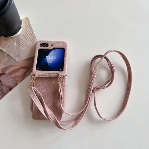 Brieftasche mit Kartenhalter, Handyhülle für Samsung Galaxy Z Flip 6 5 4 3 Flip6 Flip5 Flip4 Flip3, Crossbody-Lederhülle, Pink, für Galaxy Z Flip4 von GXZJFC