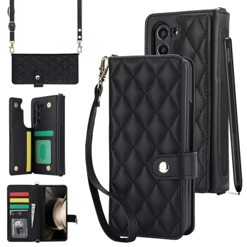 Für Samsung Galaxy Z Fold 5 6 Fold 4 Z Fold 3 Hülle Kartensteckplatz Telefonhalter Leder Geldbörse Riemenabdeckung Crossbody-Hüllen, Schwarz, Für Samsung Z Fold 5 von GXZJFC