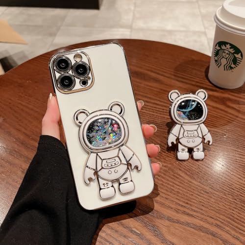 GXZJFC Astronaut Quicksand Bear Fold Bracket Case für iPhone 16 15 14 ProMax Plus 13 12 11 Pro Max XR Xs Max Silikon Soft Cover,Weiß,Für 12 von GXZJFC