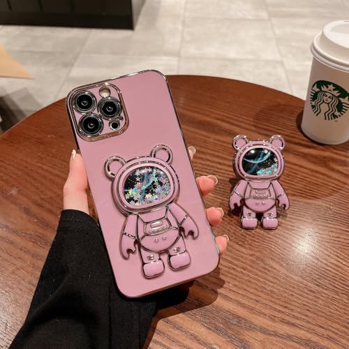 GXZJFC Astronaut Quicksand Bear Fold Bracket Hülle für iPhone 16 15 14 ProMax Plus 13 12 11 Pro Max XR Xs Max Silikon Soft Cover, Lila, Für 13Pro von GXZJFC