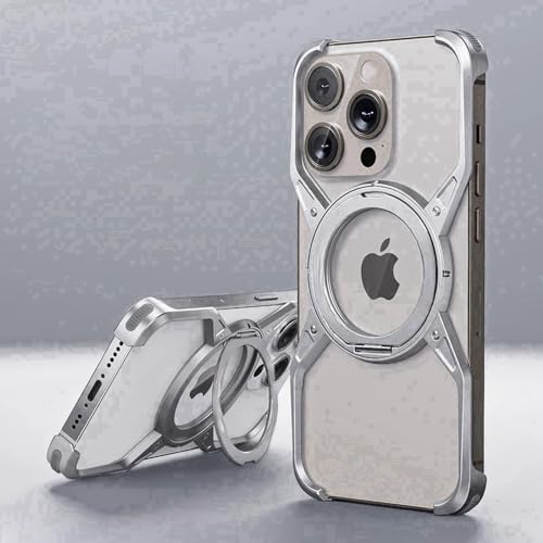 GXZJFC Magnetische, rahmenlose Handyhülle aus Metall-Aluminiumlegierung für iPhone 14 13 15 Pro Max mit 360°-Ständer, Silber Just Case, für iPhone 15 von GXZJFC