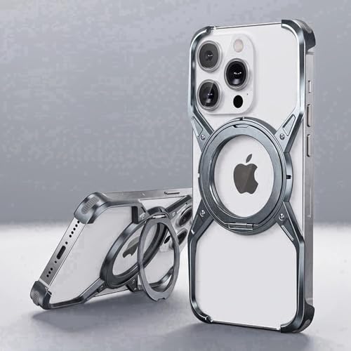 GXZJFC Magnetische, rahmenlose Handyhülle aus Metall-Aluminiumlegierung für iPhone 14 13 15 Pro Max mit 360°-Ständer, graue Just Case, für iPhone 15 ProMax von GXZJFC