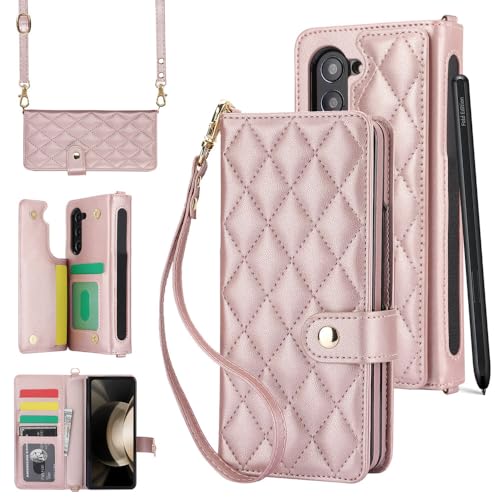 Hülle für Samsung Galaxy Z Fold 5 6 Fold 4 Z Fold 3, Kartenfach, Handyhalter, Lederbrieftasche, Riemenabdeckung, Crossbody-Hüllen, Roségold, für Samsung Z Fold 3 von GXZJFC