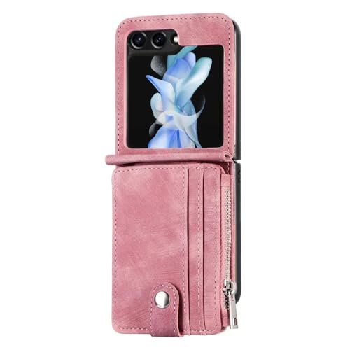 Leder-Brieftaschen-Handyhülle mit abnehmbarem Kartenhalter für Samsung Z Flip 5 4 3 Flip5 Flip4 Flip3 5G-Hülle, Pink, für Galaxy Z Flip 4 von GXZJFC