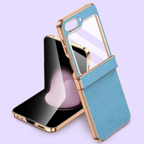 Leder-Handyhülle für Samsung Galaxy Z Flip5 Flip 5 ZFlip5 Scharnierschutzhülle mit gehärtetem Glas, Blau, Für Galaxy Z Flip5 von GXZJFC