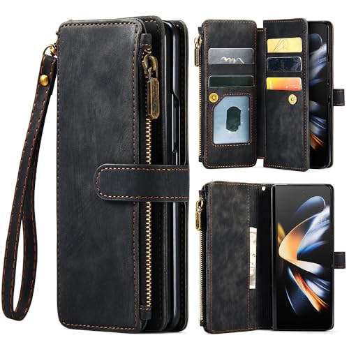 Reißverschluss-Leder-Brieftaschenhülle für Samsung Galaxy Z Fold 5 4 3 5G, Kartenfächer, Geldbörsenhülle für Z Fold5 Fold4 Fold3, Schwarz, Für Z Fold3 von GXZJFC