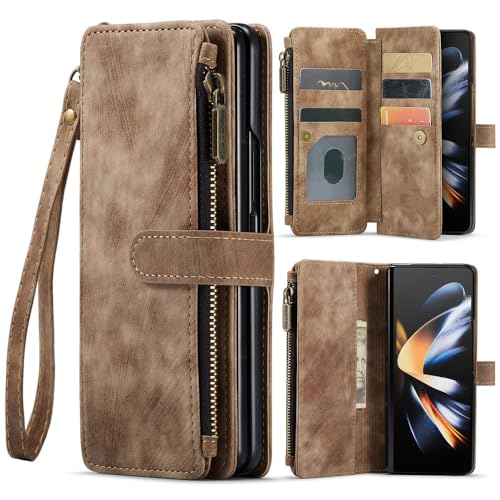 Reißverschluss-Leder-Brieftaschenhülle für Samsung Galaxy Z Fold 5 4 3 5G Kartenfächer Geldbörsenhülle für Z Fold5 Fold4 Fold3, braun, für Z Fold4 von GXZJFC