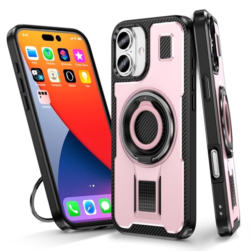 GZQHAZYW-Schutzhülle mit Ring für iPhone 16/16 Pro/16 Plus/16 Pro Max, rutschfeste Karbonfaser-Polycarbonat-Schale, militärische stoßfeste Hülle, drehbarer Ständer, 16 Plus, Rosa von GZQHAZYW