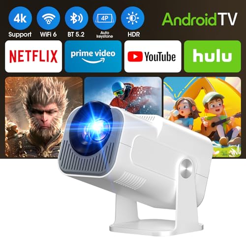 [Bulit-in App] Mini Beamer 1080P FHD 2024 Upgraded Projektor Portable Dual Control mit Maus Android TV WiFi 6 BT5.2 180° Verstellbar HDMI/TV Stick/USB/PS5, mit HDMI-Kabel und Maus,Weiß von Gaimoo