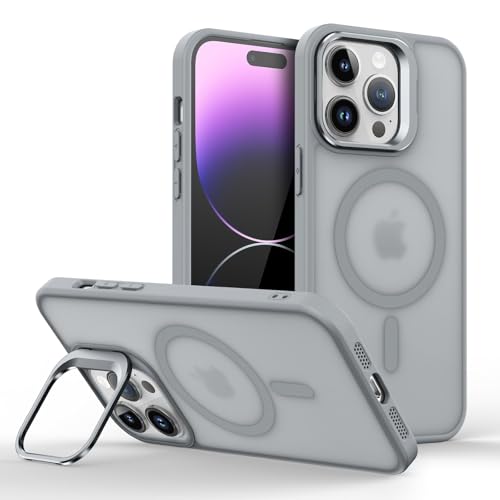 Galful Magnetic Case für iPhone 16 Pro Hülle mit Kamera Ständer,Matt Magnetisch Handyhülle iPhone 16 Pro Transluzent Schutzhülle mit Folding Stand Anti-Fingerabdruck Stoßfest Cover-Grau von Galful