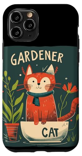 Hülle für iPhone 11 Pro Lustige Gärtner-Katze mit Topfpflanzen in der Blütezeit von Gardener Cat Outfit