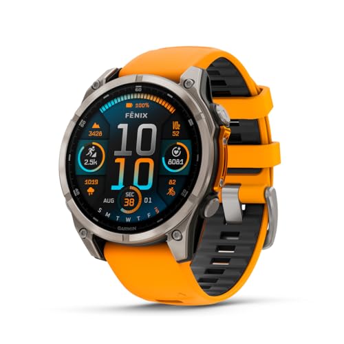 Garmin fēnix® 8-47mm AMOLED Saphir Premium Multisport GPS Smartwatch Lange Akkulaufzeit Tauchbewertet Eingebaute LED-Taschenlampe Titan mit Spark Orange/Graphit Band von Garmin