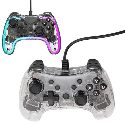 Kabelgebundener Gamecontroller, Transparentes Gamepad mit RGB-Licht, 6-Achsen-Gyroskop, Burst, Wake-up-Funktion, für Switch, PC, PS3, Android, IOS, OS X, Steam Deck von Garsent