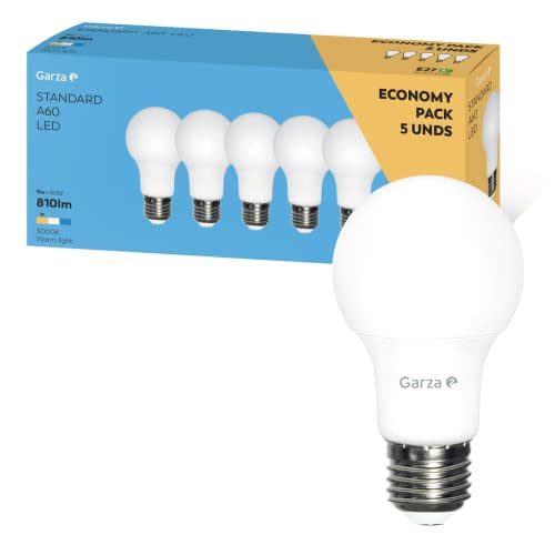 Garza - A60 Standard-LED-Glühbirne, E27-Sockel, warmes Licht (3000k), 9W, 810 Lumen, 240° Abstrahlwinkel, CRI 80 (5er Pack). von Garza