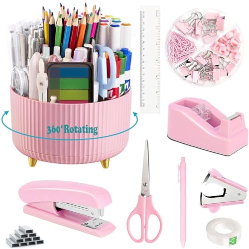 Schreibtisch-Organizer und Zubehör, 10-teiliges Set mit 360 Grad drehbarem Stifthalter, Klebebandspender, Hefter, Heftklammerentferner, 1000 Heftklammern, Klebeband, Clips, Lineal, Schere, Stift von Gawsey