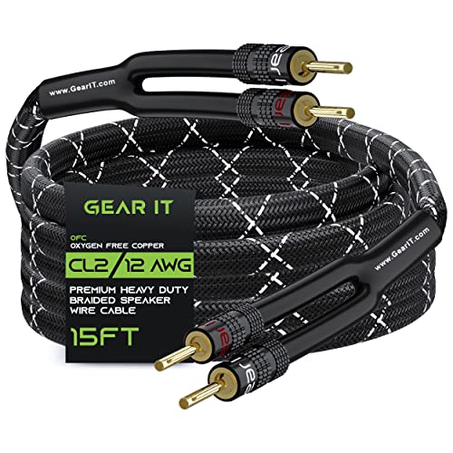 GearIT 12AWG Gauge (2 x 4 mm²) Premium Heavy Duty Braided Lautsprecherkabel (4,5 m/15 Fuß/schwarz) mit doppelt vergoldeten Bananensteckerspitzen – sauerstofffreies Kupfer (OFC) Konstruktion von GearIT