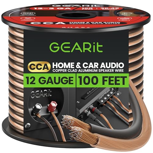 GearIT Pro Series Lautsprecherkabel, 12 Gauge (2 x 4 mm²), 30,4 m, Schwarz/Transparent, CCA HiFi-Audio-Lautsprecherkabel, ideal für Auto-Audio und Heimkino, Surround-Sound-Systeme von GearIT