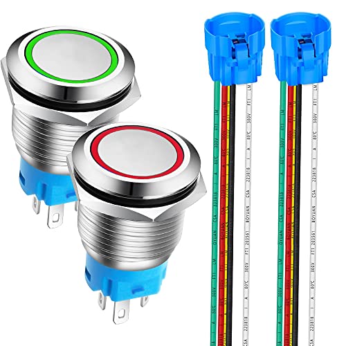 Gebildet 2Stücke 19mm Edelstahl Kurzzeitiger Drucktasten 12V-24V 5A LED 1NO1NC SPDT ON Off Wasserdichter Momentan Drück Knöpfe mit Steckdose Stecker (Rot + Grün LED) von Gebildet