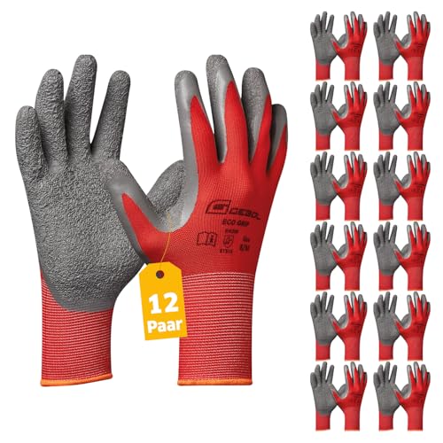 Gebol Eco Grip | Arbeitshandschuhe für einen sicheren Griff | Latexhandschuhe für Damen und Herren | Größe M (Gr 8) | Rot | Multipack 12 Paar von Gebol