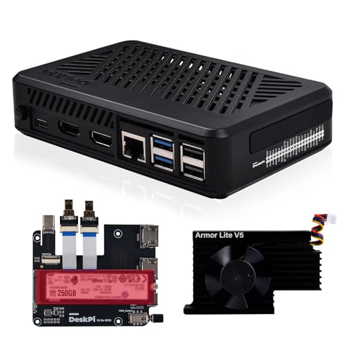 GeeekPi DeskPi Lite Pi5 Gehäuse mit Power-Taste, PCIe auf M.2 HAT, Aktivkühler und Dual-HDMI in voller Größe für Raspberry Pi 5, unterstützt M.2 NVMe M-Key 2230/2242/2260/2280 SSDs von GeeekPi