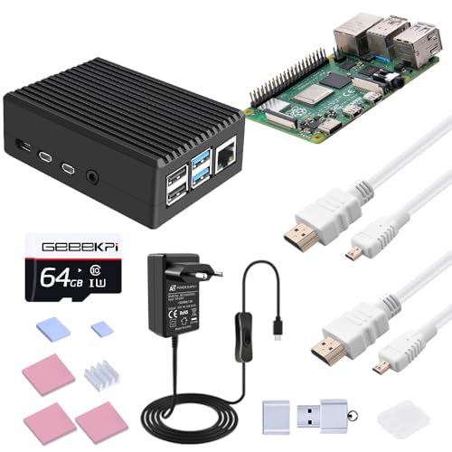 GeeekPi Starter Kit für Raspberry Pi 4 4GB, inklusive Pi 4 4GB RAM Board, 64GB SD Karte und Kartenleser, passiv kühlendes Aluminiumgehäuse, 5V 3.6A Netzteil mit EIN-/Ausschalter, 2pcs 4K HDMI Kabel von GeeekPi