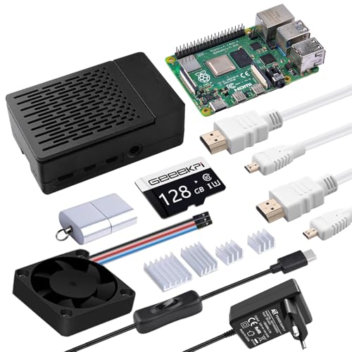 GeeekPi Starter Kit für Raspberry Pi 4 8GB, Inklusive Pi 4 8GB RAM-Board, 128GB SD-Karte und Kartenleser, Pi 4 ABS Gehäuse mit PWM Lüfter, 5V 3.6A 18W Netzteil mit EIN/Aus Schalter, 2pcs 4K HDMI Kabel von GeeekPi