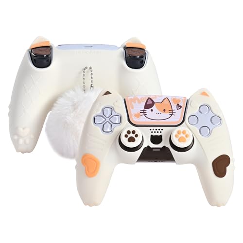 GeekShare Silikon-Schutzhülle für PS5 Wireless Controller, PS5 Controller Skin Set mit 2 Daumengriffkappen und 2 Aufklebern - Calico Cat von GeekShare