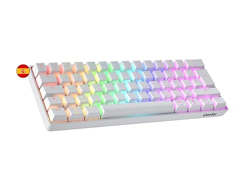 Geeky GK61 60% | Hot Swappable Mechanische Gaming-Tastatur | 62 Tasten Multi Color RGB LED Hintergrundbeleuchtung für PC/Mac Gamer| ISO ES Spanisches Layout (Weiß, Mechanical Speed Silver) von Geeky