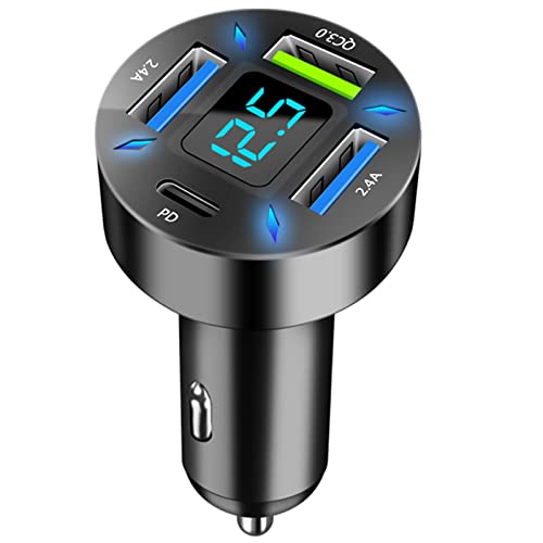 4-Port USB C Auto Ladegerät Zigarettenanzünder Adapter, 50W QC3.0,PD Schnellladegerät mit LED Voltmeter 12V USB Buchse kompatibel mit iPhone, Android, Samsung, Tablet und Allen Smartphones von GemCoo