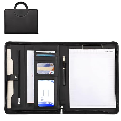 A4 Executive Portfolio mit Griff, Leder-Ordner mit Reißverschluss, für Business, Organizer mit mehreren Fächern für Meetings, 24,9 x 34,8 x 3,8 cm, Schwarz von Generic