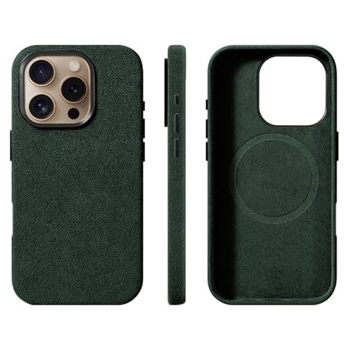 Alcantara Wildleder-Hülle für iPhone 16 Pro Max/16 Pro/16 Plus/16, kompatibel mit MagSafe Echtes italienisches Wildleder, handgefertigt, ultradünn, rutschfest, kratzfest, Grün (Grün, 16 Pro) von Generic