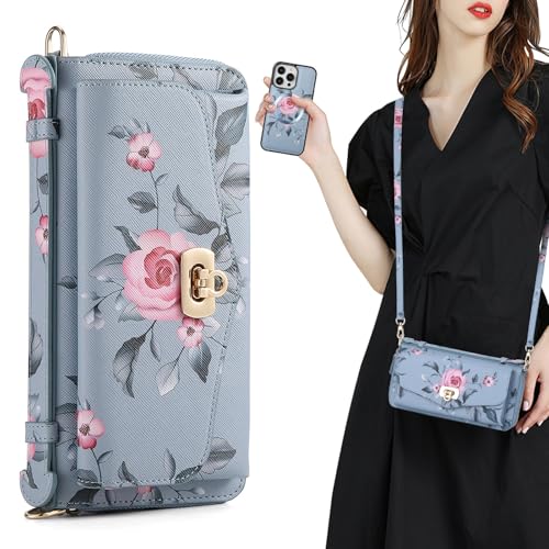 Crossbody Wallet Case für iPhone 16 Pro Max/16 Pro/16 Plus/16, magnetische, abnehmbare RFID-blockierende Kartenfächer, Blumenmuster, PU-Leder, Clutch, Geldbörse, Handtasche mit Mini-Spiegel (Blau, 16 von Generic