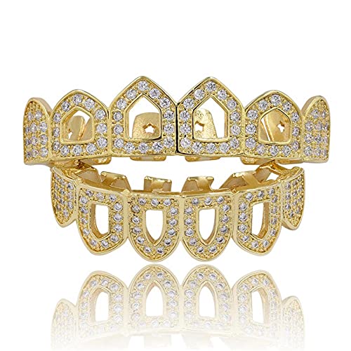 Generic Hip Hop Luxuriöse Zirkonia Zähne Männer 18K Gold überzogen Iced Out Rapper Kostüm Cosplay Grillz Vampire Zähne Silber Grills mit Extra Molding Bars Goldschmuck für Frauen Zähne,Gold von Generic