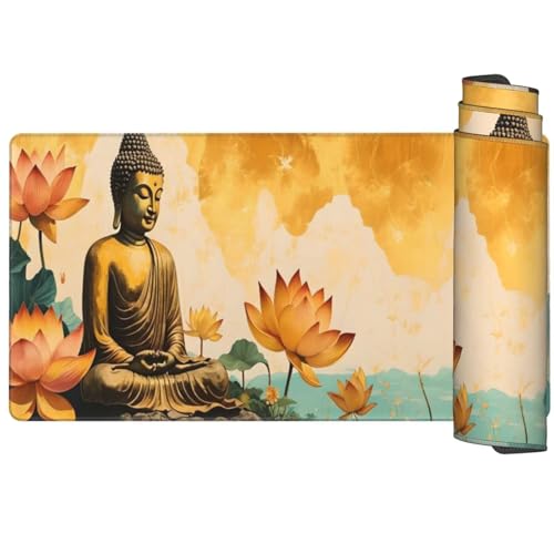 Goldener Buddha Mauspad XXL 1200 x 600 x 3mm, Mauspad Lotus Schreibtischunterlage Groß Mouse Pad Gaming Desk Mat mit Anti-Rutsch Basis, Verbessert Präzision Geschwindigkeit, Gaming Zubehör, PC Q17 von Generic