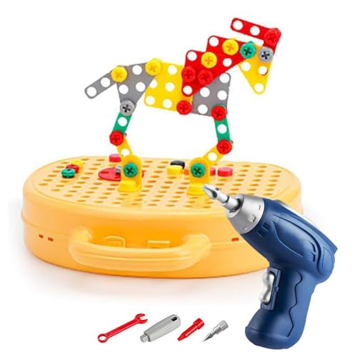 Kinderspiel-Werkzeugkasten – Spiel-Werkzeugkasten mit Bohrer, kreativer Spiel-Werkzeugkasten mit Bohrer | 2D/3D-Rollenspiel-Baukasten für Kinder, Spielzeug-Werkzeugkasten, Kinderwerkzeuge mit Bärenmot von Generic