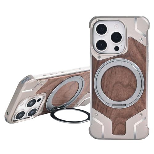 Schutzhülle aus Holz für iPhone 16 Pro Max/16 Pro/16, kompatibel mit MagSafe 360° drehbar, magnetischer Ständer, Aluminium-Lünette, minimalistisches, schlankes, leichtes Gehäuse (natürliches Titan, 16 von Generic