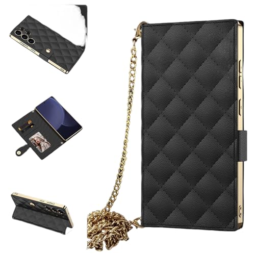 Schutzhülle für Samsung Galaxy S25 Ultra, schlank, leicht, luxuriös, PU-Leder, vergoldeter Rahmen, Crossbody-Tasche, Clutch mit eingebautem Make-up-Spiegel, verstellbarem Schultergurt (Schwarz) von Generic