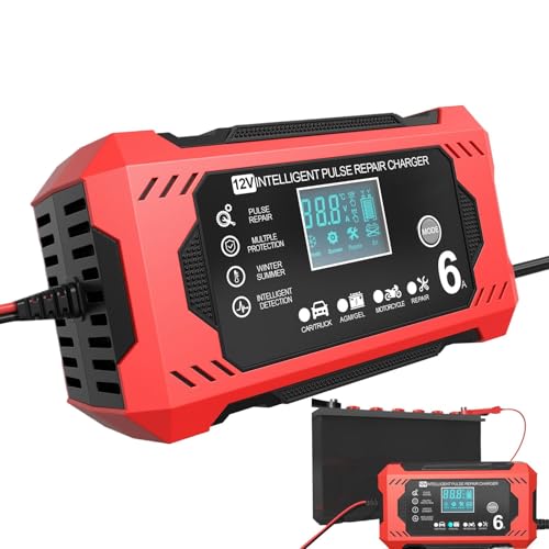 12-V-Autobatterieladegerät, 12-V-Batteriewartungsgerät, 6A Automatischer Batterie-Desulfator, Tragbares LCD-Display Batteriewartungsgerät für Auto-LKW-Motorrad-Rasenmäher von Generisch