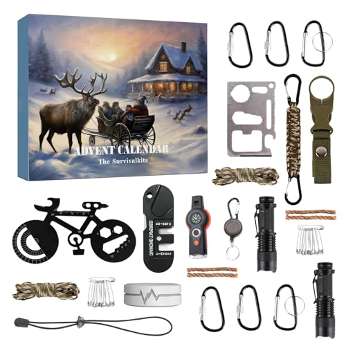 2024 Survival Kit Adventskalender Für Männer, Survival Tools Adventskalender Für Erwachsene Teenager, 24 Tage Weihnachts Survival Kit Adventskalender Mit Fallschirmschnur Taschenlampe von Generisch