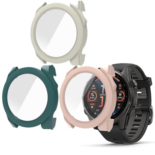 3 Stück Hülle Kompatibel mit Garmin Fenix 8 43mm Hartglas Schutzhülle, Hard PC Ultradünne Glas Schutz Case Rundum Displayschutz für Fenix 8 43mm Schutzhülle (Rosa/Grün/Beige) von Generisch